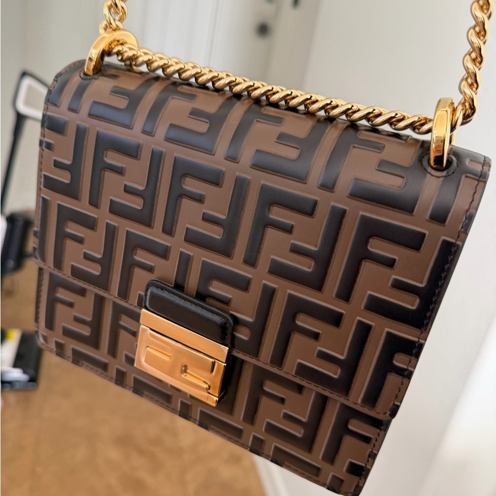 Fendi Brown & Black FF Embossed Leather Shoulder Bag with Gold Chain
